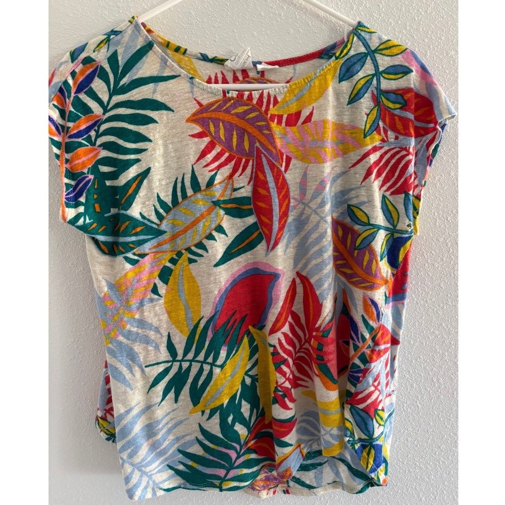 C&C California Top Womens Large 100% Linen Colorful Leaves‎ Beachy Coastal Boho
